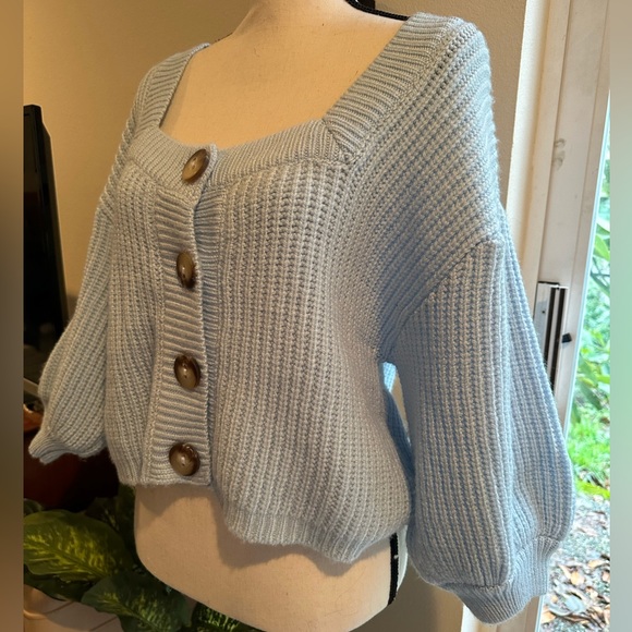 ASOS Design Light Blue Square Neck Volume Sleeve Button Front Sweater - Picture 5 of 7